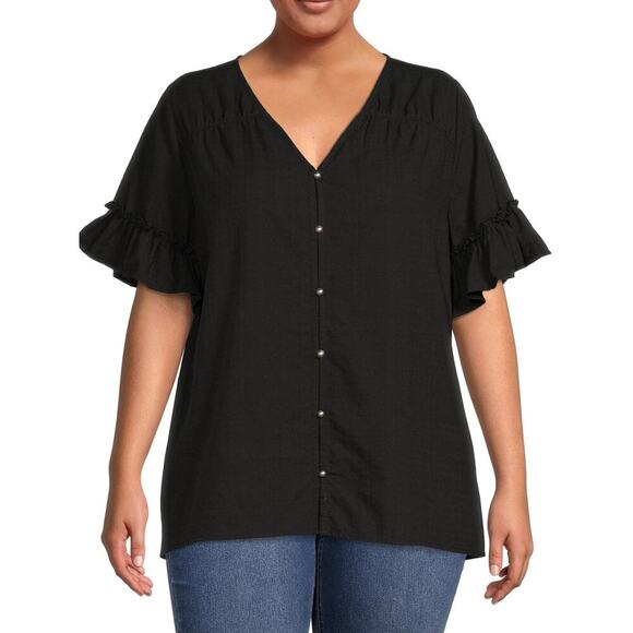 Terra & Sky V-Neck Short Ruffle Black Sleeve Button up Cotton Shirt Blouse Sz 2X - Picture 1 of 12